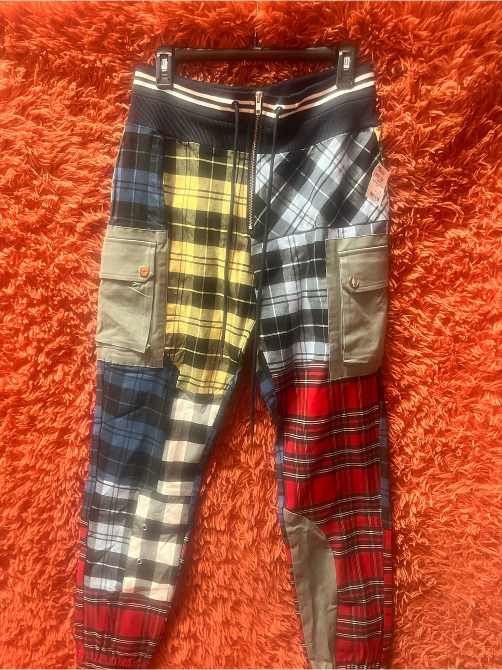 Akira Women’s Patchwork Plaid Jogger Pants in Red, Blue, Yellow Size XL NWT